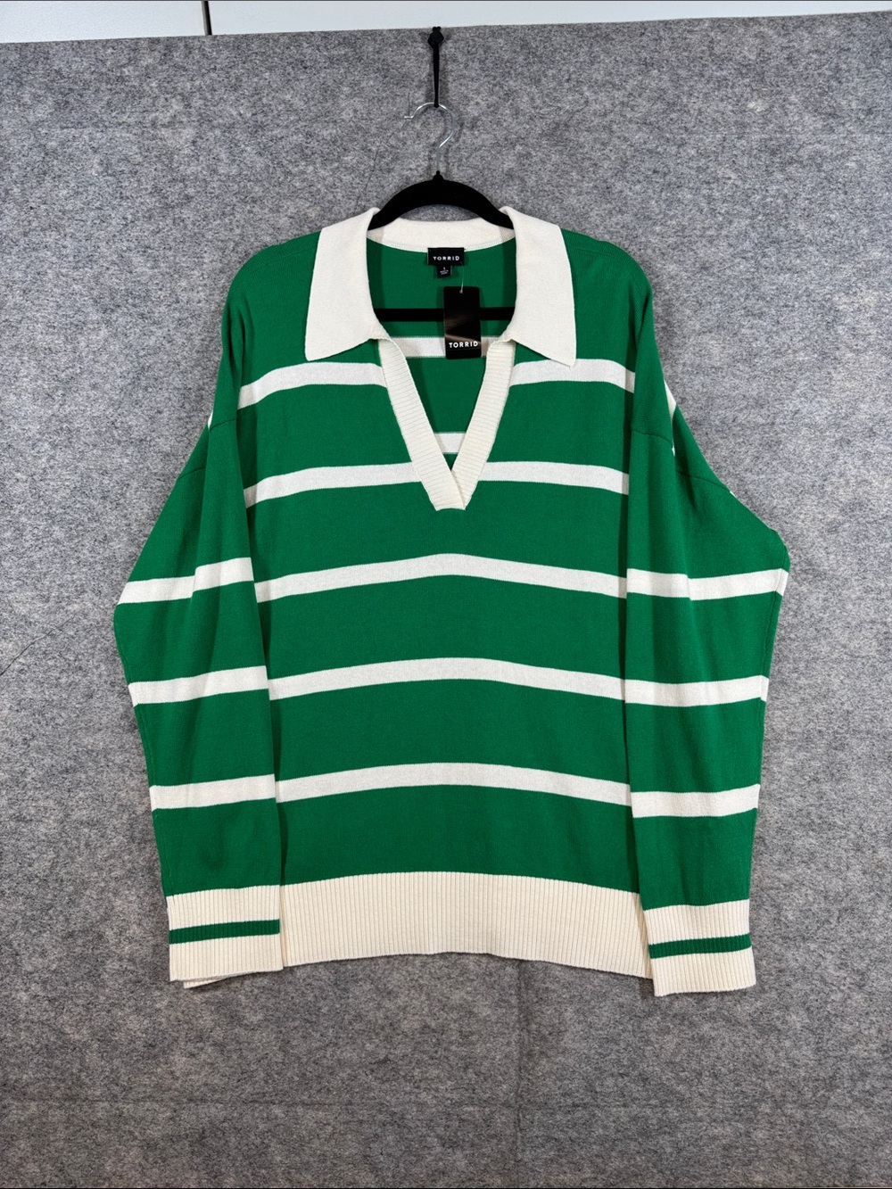 Torrid Green White Striped V-Neck Rugby Sweater Preppy Cotton Size 1X Relaxed